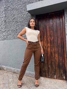 Mon Jeans Pants Without Lycra Women's High Waist Pants Feminine Fashion - Marrom com cinto - 查看 1