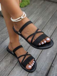 2025 New Summer Simple Versatile Peep Toe 2-In-1 Roman Beach Flat Sandals - Black - View 2