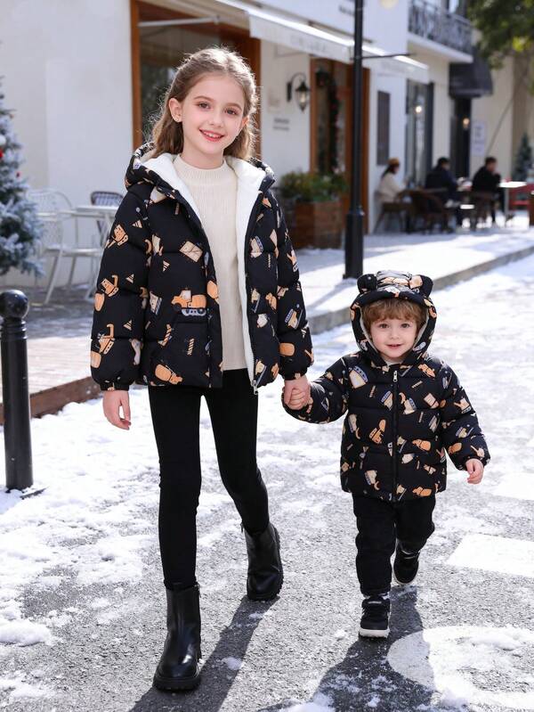1 pieza Chaqueta con capucha forrada térmicamente con estampado, adecuada para niño bebé para uso casual en interiores y exteriores