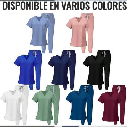 Uniformes quirurgicos mujer, Conjunto de Enfermera Elstico para Mujer, Pijama Ajustado Antifluidos con Cuello V, Manga Corta y Mltiples Bolsillos