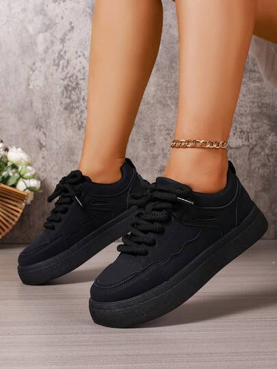 1 Pair Teenagers' Black Thick Sole Sneakers, Fashion Chain Ankle Decor, Breathable Durable Design, Comfortable Casual Versatile Style, Suitable For Daily Wear And Campus Activities