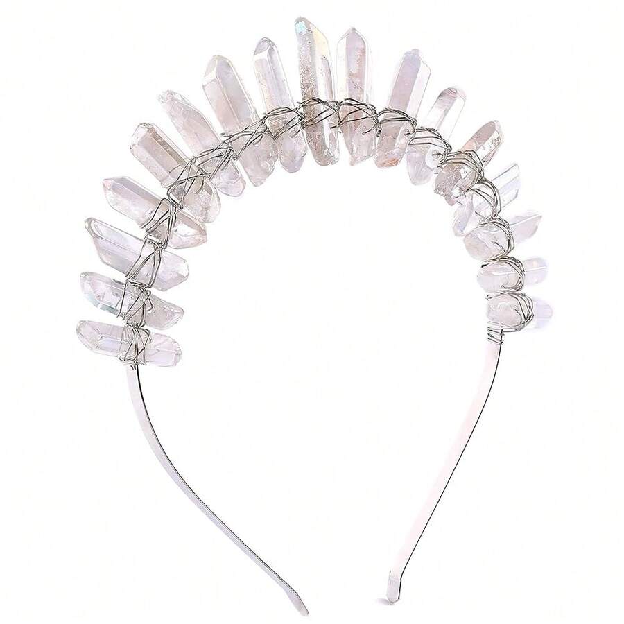 Bubbmi Bridal White Crystal Crown Headband Raw Quartz Tiara Fashion Wedding Headpiece For Women Girls Party Photography{"Color_name":"WhiteTM"} - 白色 - 查看 1