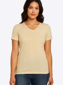 Women's Basic Short Sleeve V-Neck Blouse - Hot Pink - View 2