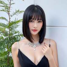 Peluca sintética negra con flequillo recto, pelo corto y liso, conjunto de cabeza completa, corte de pelo, peluca completa de seda de alta temperatura XGWO - 752-negro - Ver 6