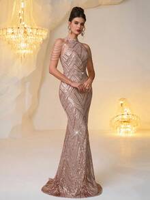 Váy dạ hội trang trọng cổ đứng đính hạt pha lê đính cườm kiểu đuôi cá thanh lịch dành cho nữ, thích hợp cho các bữa tối trang trọng, tiệc tùng, đám cưới, chụp ảnh sinh nhật, các dịp trang trọng, đêm hẹn hò - Vàng - Xem 7