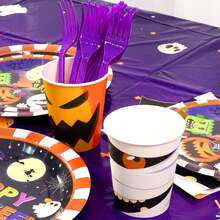170pcs Halloween Party Decorations Halloween Party Supplies Tableware Set Disposable Paper Tableware Set, Birthday Decorations, For Themed Party, Birthday Gift, Party Favor, Party Tableware, Disposable Food Tray, Birthday Cake Tray, Include Plates Paper Dessert Napkins Cups Tableware Cutlery Banner Tablecloth Party Kit For Happy Halloween Holiday Party Decorations - 南瓜幽靈 - 查看 5