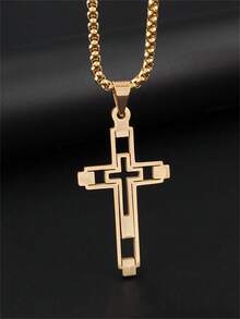 1 Stück klassische große Edelstahl Herren Halskette mit Kreuzanhänger, Cut Out Kreuzanhänger, religiöser Gebets-Kirchen-Jesus Amulett Schmuckgeschenk