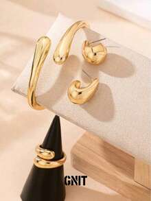 Gold-Plated Statement Jewelry Set: Women's Teardrop Earrings, Stackable Rings, Open Cuff Bracelet - Elegant And Fashionable For Daily, Party, Jewelry, Valentine's Day, Mother's Day Gifts, Graduation/Prom Jewelry Accessories - Water Drop - View 7