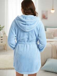 Chaqueta peluche invierno con capucha, Abrigo polar talla grande mujer - Celeste - Ver 2