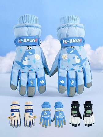 1 Pair Kids Cartoon Pattern Winter Warm Outdoor Sports Snow Ski Gloves, Waterproof And Windproof