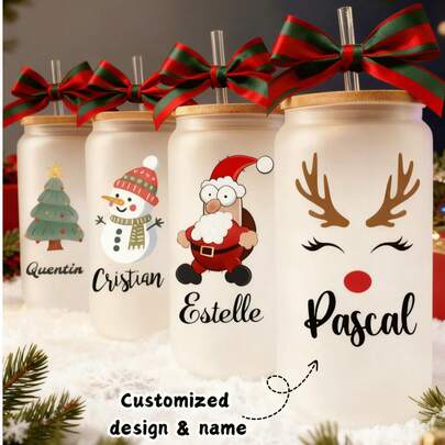 1 peça/2 peças Copo de Café de Vidro Personalizado de 500ml com Tampa e Canudo, Texto e Padrões Personalizáveis incluindo Papai Noel, Floco de Neve, Árvore de Natal, Guirlanda, Rena, Adequado para Café, Festa Individual, Café Gelado, Requintado e Único, Multifuncional, Decorativo, Presente Ideal para Amigos, Família, Crianças, Estudantes, Funcionários, Adequado para Natal, Eid Al-Adha e Outras Ocasiões