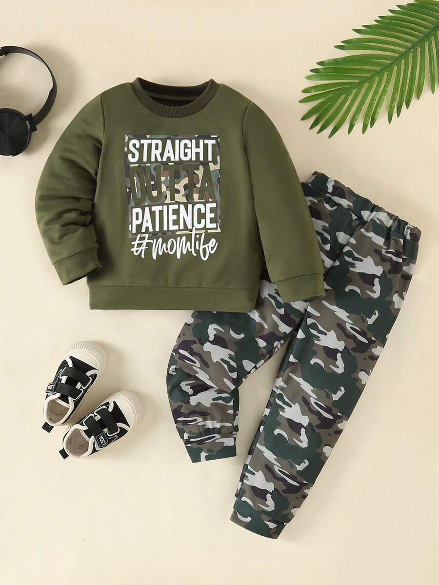 2 件男童休闲字母印花长袖上衣 + 迷彩裤套装，秋季 - 軍綠色 - 查看 1