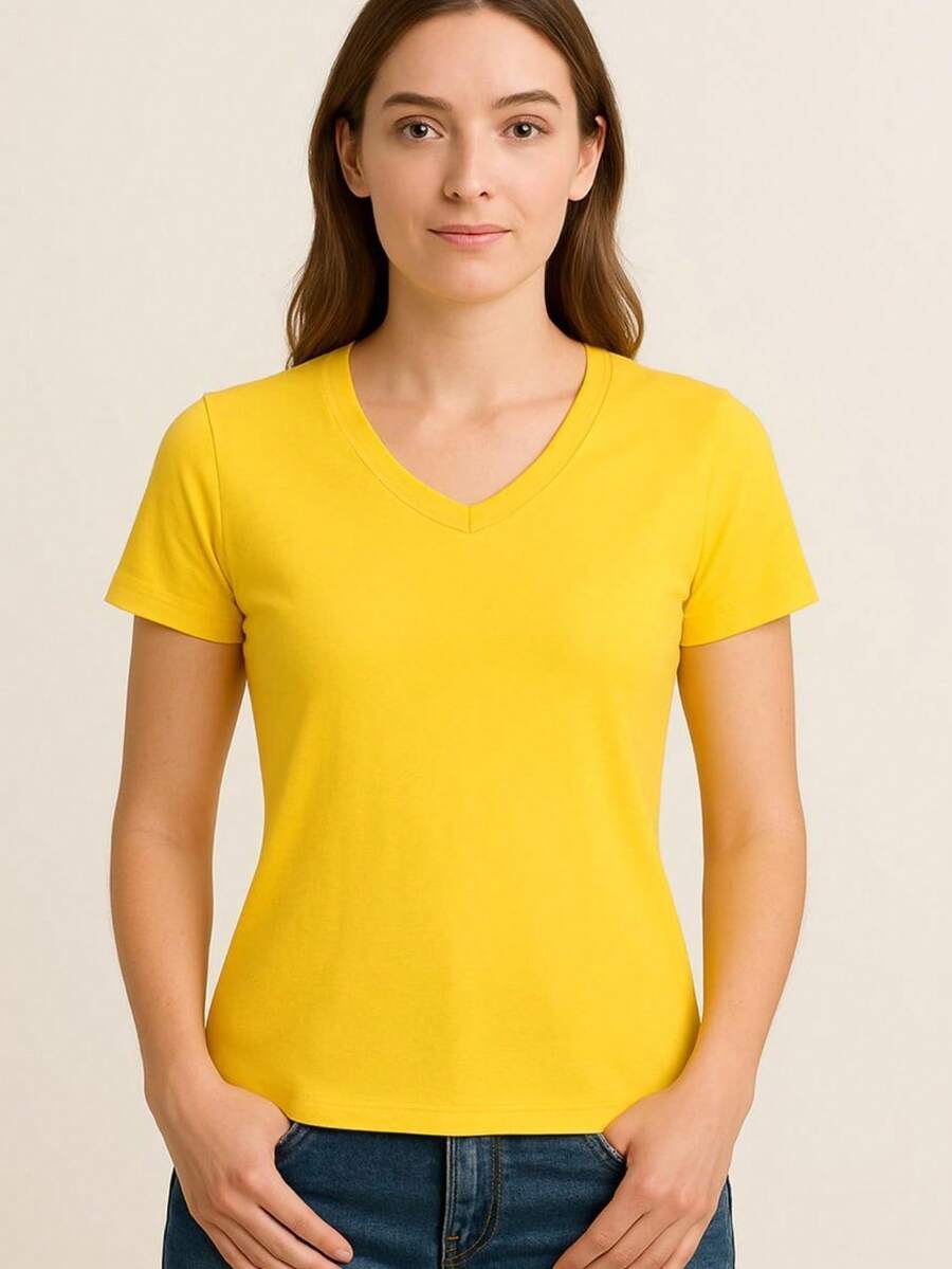 Women's Basic Short Sleeve V-Neck Blouse - Yellow - View 1