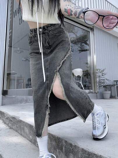 Vintage Frayed Asymmetric Hem Denim Mini Skirt, Spring/Summer