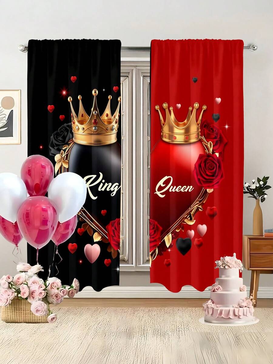 2 piezas de cortinas transparentes con estampado de elementos del Día de San Valentín, hechas de material de poliéster, adecuadas para dormitorio, sala de estar, oficina y decoración del hogar, con diseño de bolsillo para barra, se ajustan a la barra de cortina - Multicolor - Ver 1