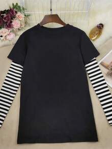 条纹棉质长袖 T 恤，宽松时尚字母和报纸印花女上衣 - 黑色 - 查看 5