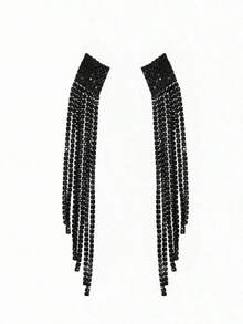 1 Pair Elegant Vintage Black Long Tassel Crystal Stud Earrings, Suitable For Women