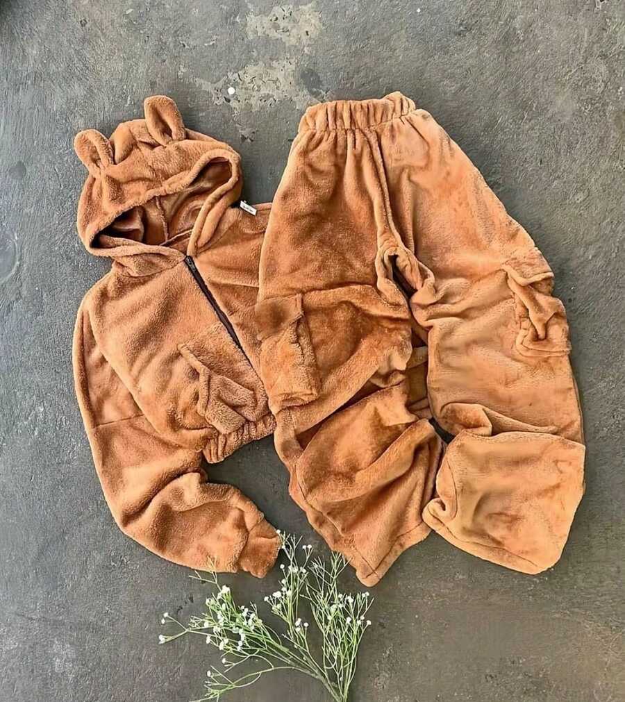 Pans de Peluche con Capucha de Osito y Pantalón Cargo - Caqui - Ver 1