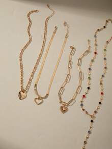 4pcs Minimalist Fashion Copper Metal Chain Pendant Necklace Set, Hollow Heart & Letter Charm Y-Shaped Necklace, Personalized Design With Rhinestones, Suitable For Casual, Party, Date, Gift (Handmade Chain Cut To Size, Rhinestone Quantity Varies) - 30600-nek-g - View 5