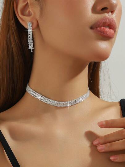 قلادة مرصعة بالراين والزركونيا قطعة واحدة، أقراط شرابة مرصعة بالكامل بالراين، طقم مجوهرات متعدد الاستخدامات للفساتين الرسمية