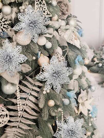 3/9/18 buc, Crazy Night Glitter Poinsettia flori artificiale argintii, decorațiuni pentru bradul de Crăciun, ornamente pentru cununi de Crăciun și Anul Nou