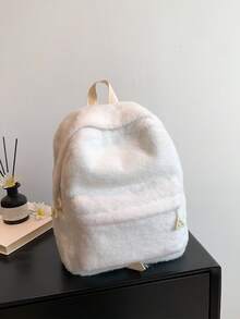 1pc Fashionable & Cute Plush Zipper Closure Backpack, Best Choice For Women's Outdoor Activities, Travel, Hiking, Vacation In Autumn/Winter Season - White - View 11