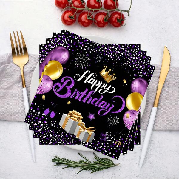 Birthday Party Napkins, Disposable Paper Napkins, 2-Ply, Birthday Napkins, Black & Purple Glitter Design With Crown & Balloon, Suitable For 50th, 60th/70th, 80th Birthday Celebration, Spring/Summer Events, Dinner, Picnic, Cocktail Birthday, Party Decorations, For Men & Women