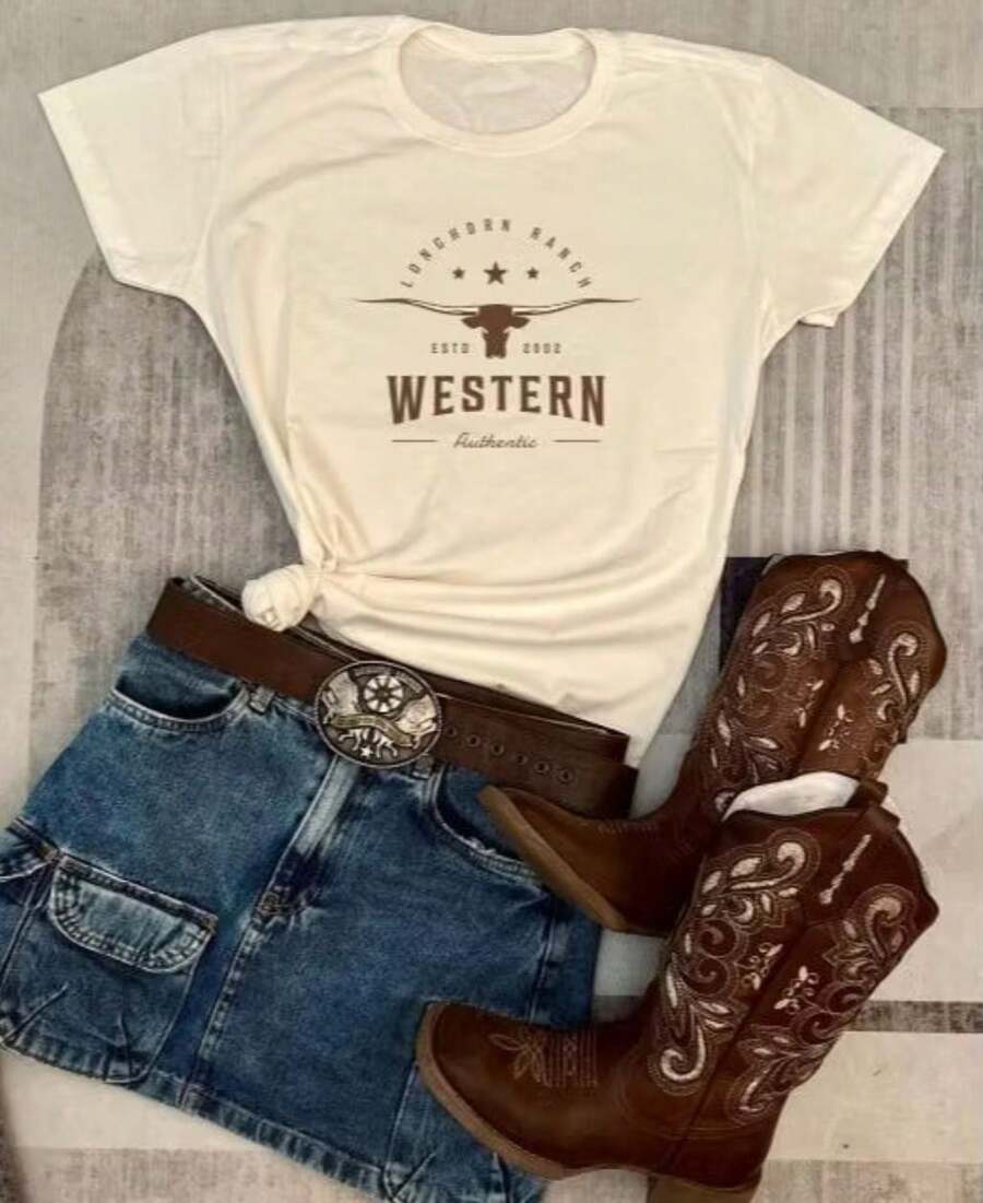 Letter Heart Plants Women's T-Shirt Blouse Boiadeira T-Shirt Country Blouse Cowboy Party Cotton None Beach Holiday Daily - 米色 - 查看 1
