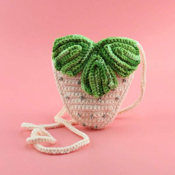 Handmade Creative Strawberry Bag With Rhinestones, Crossbody Bag