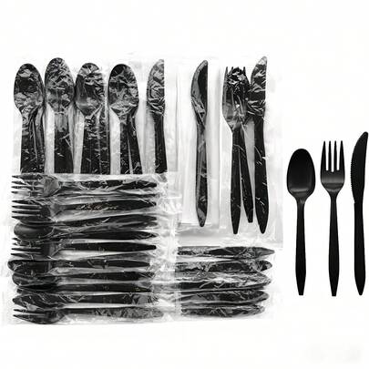 Individually Wrapped Plastic Cutlery Packets/Silverware Kits - Black Fork, Spoon, Knife & Napkin, 50 Sets