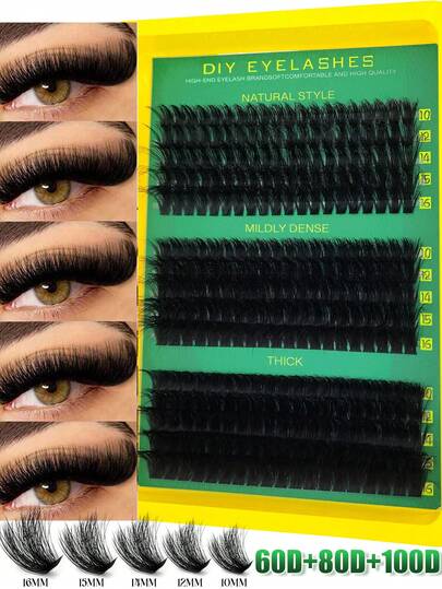 300/200/60PCS Fluffy D Curl Individual Lash Clusters 60D+80D+100D DIY Cluster Lashes Extra Thick&Natural Look&Long Lasting&Super Light&Ultra Soft Reusable False Eyelash Extension Kit For Beginner Use At Home&Daily Life&Party&Travel&Halloween