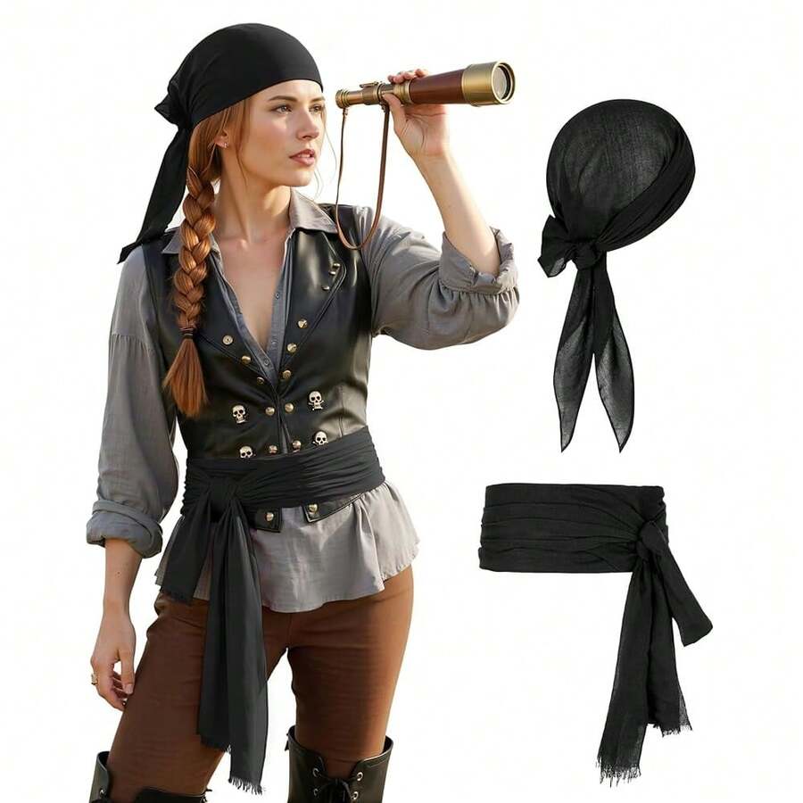 Zando Pirate Accessories Women Men Teens - Pirate Bandana Head Scarf Hat Belt Sash For Halloween Renaissance Themed Cosplay{"Size_name":"OneSize","Color_name":"01Black"} - 01黑色 - 查看 1