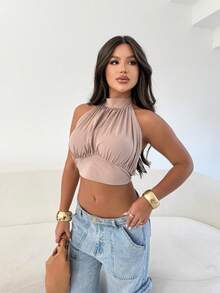 Cropped Top Balloon Neck Tie Suplex Sensual Elegant Blouse - 卡其色 - 查看 8