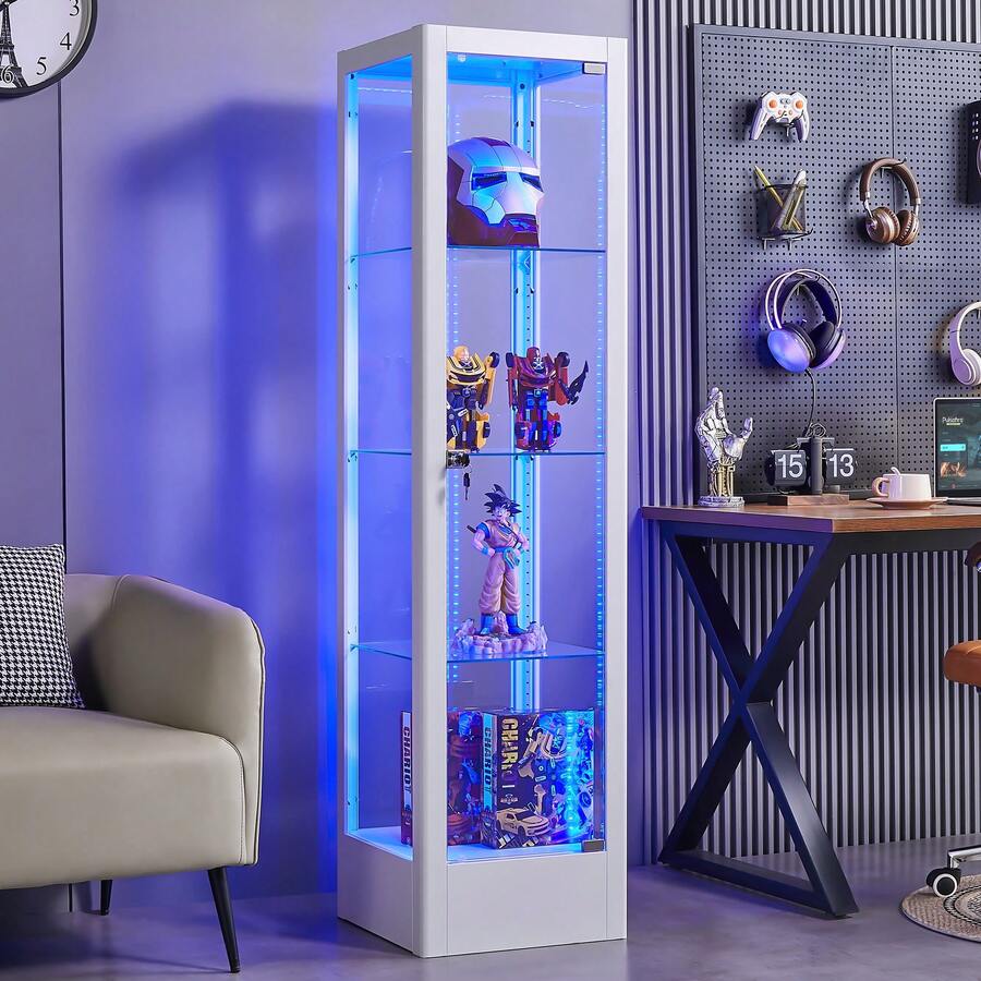 Lockable Steel Frame Display Cabinet With Keys 63" 4-Tier Curio Cabinets With Adjustable Shelves For Collectibles Durable Tempered Glass Book Case Shelf - trắng - Xem 1