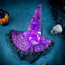 Halloween Witch Hat Headband Light Up Witch Hairband Glitter Lace Flower Feather Headpiece For Women