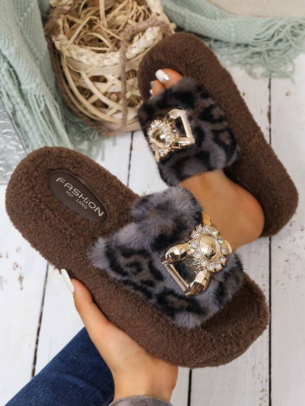 8cm Leopard Muster Flauschige Pantoffeln für Damen, Plateau Sohle Plüsch Slides zum Tragen drinnen & Outdoor, Herbst/Winter