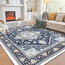 Soft Neutral Area Rugs 5x7, Washable Rug With Non Slip Backing, 5 X 7 Faux Cashmere Low-Pile Carpet, Cream White & Blue & Light Brown,  2025 Design - Blue & Gold - View 14