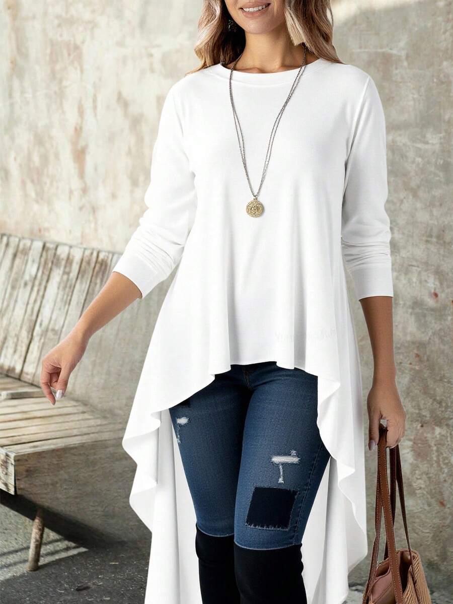 Blusa túnica, para mujer estilo moderno minimalista tela elástica sin estampado corte holgado cuello redondo manga larga primavera otoño para uso diario - Blanco - Ver 1