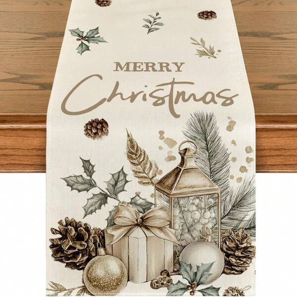 1 Stück Tischläufer mit Tannenzapfen + Stechpalmenblatt + Weihnachtskugel Muster, Polyester bedruckte Weihnachtsdekoration für Wohnzimmer, Kaffeetisch, Esszimmer, Eingangsbereich