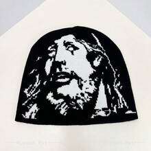 1 pieza Gorro de punto con diseño de retrato de rapero de otoño/invierno, accesorio de gorro con puño de estilo callejero estadounidense de hip hop unisex para mantener la cabeza caliente en invierno