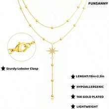 Lariat Women - Dainty Long Necklace  14K Gold Plated Hypoallergenic Layered Long Y - Shape Sunburst CZ - Bar Pendant Drop Chain Necklace Set Women Non Tarinsh Jewelry - hạt sunburst nhiều lớp-gd - Xem 7