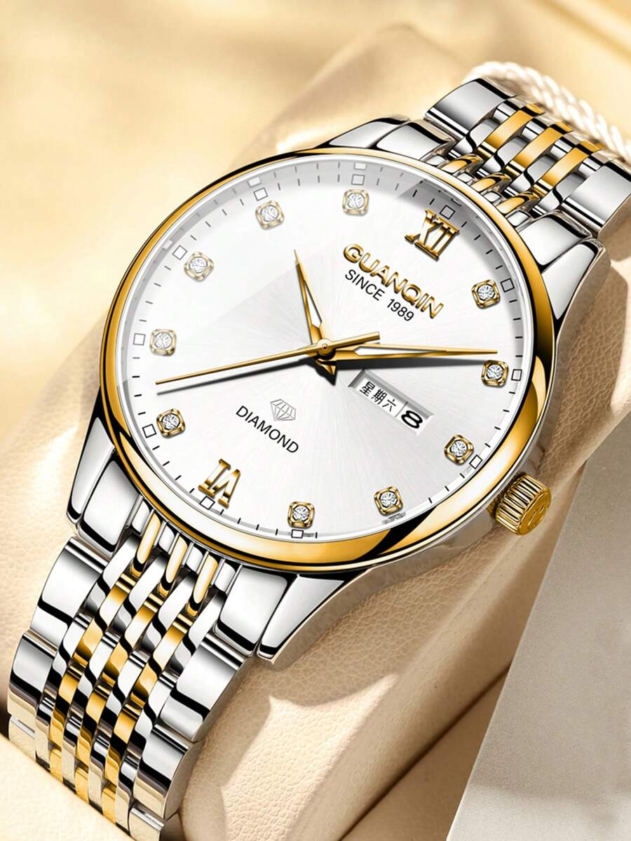 GUANQIN 1 buc Ceas luminos impermeabil pentru bărbați, cu cadran cu strasuri calendaristice, curea din oțel inoxidabil rezistentă la uzură, modă Business Luxury Sportiv Clasic Simplu Casual Stil mecanic Ceas cu cuarț automat pentru bărbați, potrivit pentru Halloween, Crăciun, Ziua Tatălui, studenți, festivaluri, întâlniri, afaceri, zilnic, cadouri