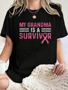 My Grandma Is A Survivor Pink Ribbon Breast Cancer Awareness T-Shirt -100% Cotton Print Crew Neck T-Shirt, Casual Short Sleeve Top For Spring & Summer, Women's Clothing - 黑色 - 查看 1