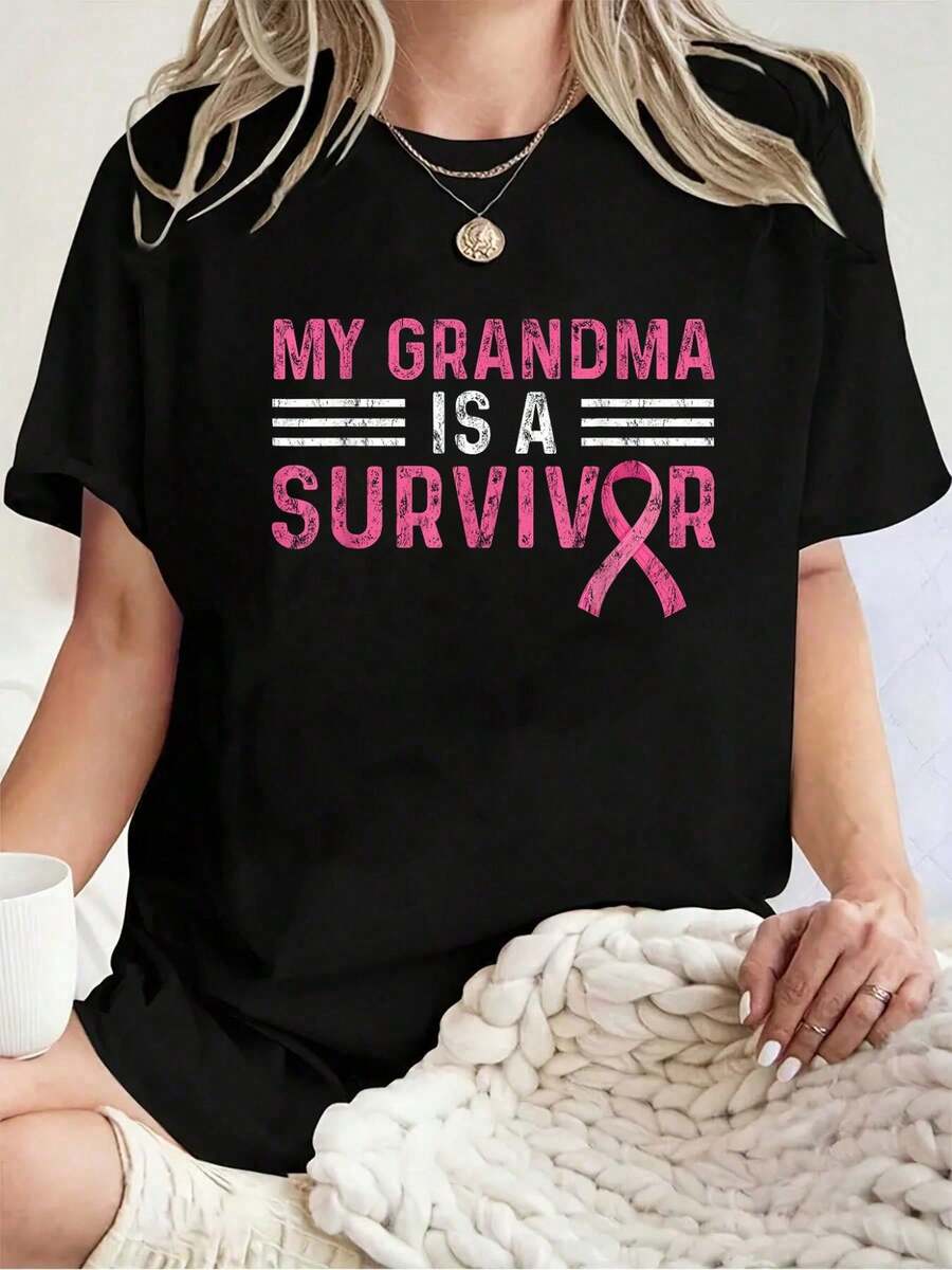 My Grandma Is A Survivor Pink Ribbon Breast Cancer Awareness T-Shirt -100% Cotton Print Crew Neck T-Shirt, Casual Short Sleeve Top For Spring & Summer, Women's Clothing - 黑色 - 查看 1