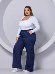 PLUS SIZE WIDE LEG HIGH WAIST PANTS WITH CARGO POCKET - Màu xanh hải quân - Xem 7