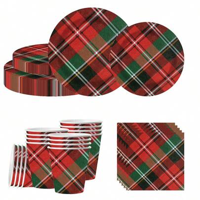 80/10/Set, Christmas Themed Party Supplies, Disposable Party Plates, Party Paper Plates. Includes 7-Inch Plates, 9-Inch Plates, Paper Cups, And Tissue Sets. Suitable For 10 To 20 People, Picnic Supplies, Birthday Parties, Camping, Decoration, And Celebration Events. Party Gifts, Bridal Showers, Restaurant Decorations, Kitchen Utensils, Clubs. Merry Christmas, Red And Green Grids, Christmas Color Scheme