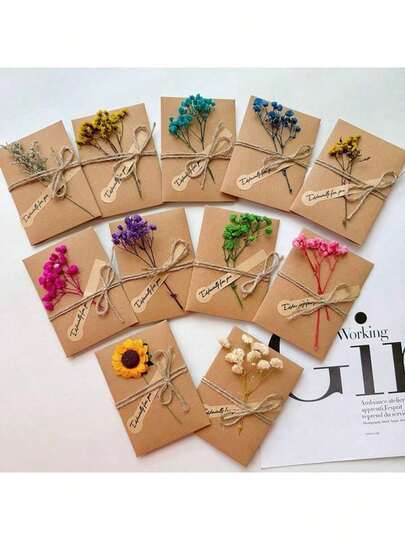 Set Of 8 Handmade Kraft Paper Greeting Cards With Dried Flowers And Self-Sealing Envelopes For Birthdays, Mother's Day, Thanksgiving, Engagements, Graduations - Antique Style Thank You And Blessing Cards With Angel Theme.