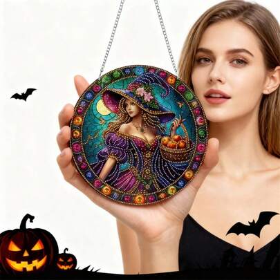 SNA 2026 New Style Special Shaped Halloween Magical Hat Witch 5D DIY Diamond Art Hanging Decorations Diamond Painting Hanging Decorations Table Dec Diy Crafts Diamond Art Painting Christmas Decorations