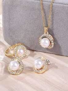Elegant & Shiny Pearl Jewelry Set Rhinestone-Encrusted Wire-Wrapped Design, 3 Pieces Set (Necklace + Earrings + Ring) For Sophisticated Style - 黃金 - 查看 3