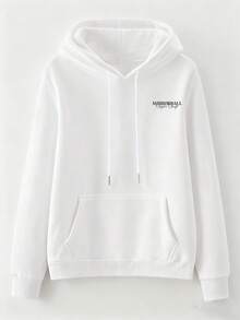 1件女士白色抽绳连帽卫衣，带口袋，镜面球英文印花，休闲宽松街头风 - 白色 - 查看 6